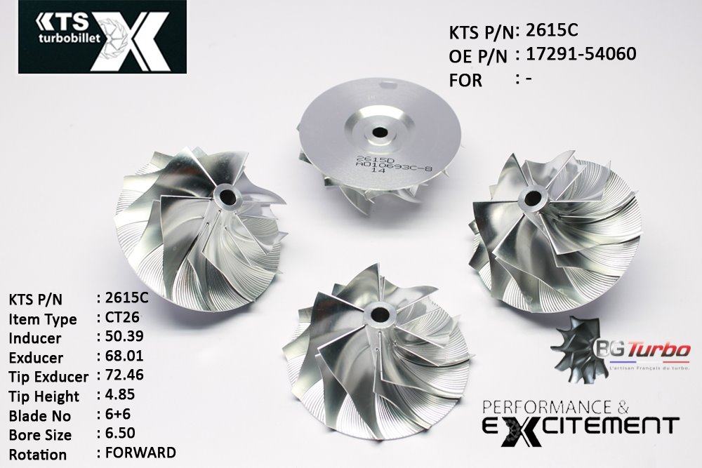 Turbo ROUE FORGÉE MFS PERFORMANCE - 6+6 PALES - INDUCER : 50,39 - EXDUCER : 68,01 - TYPE : CT26ANGLE : 60° - ROTATION : Forward - SUPER BACK : -1,37 - BORE SIZE : 6,5
